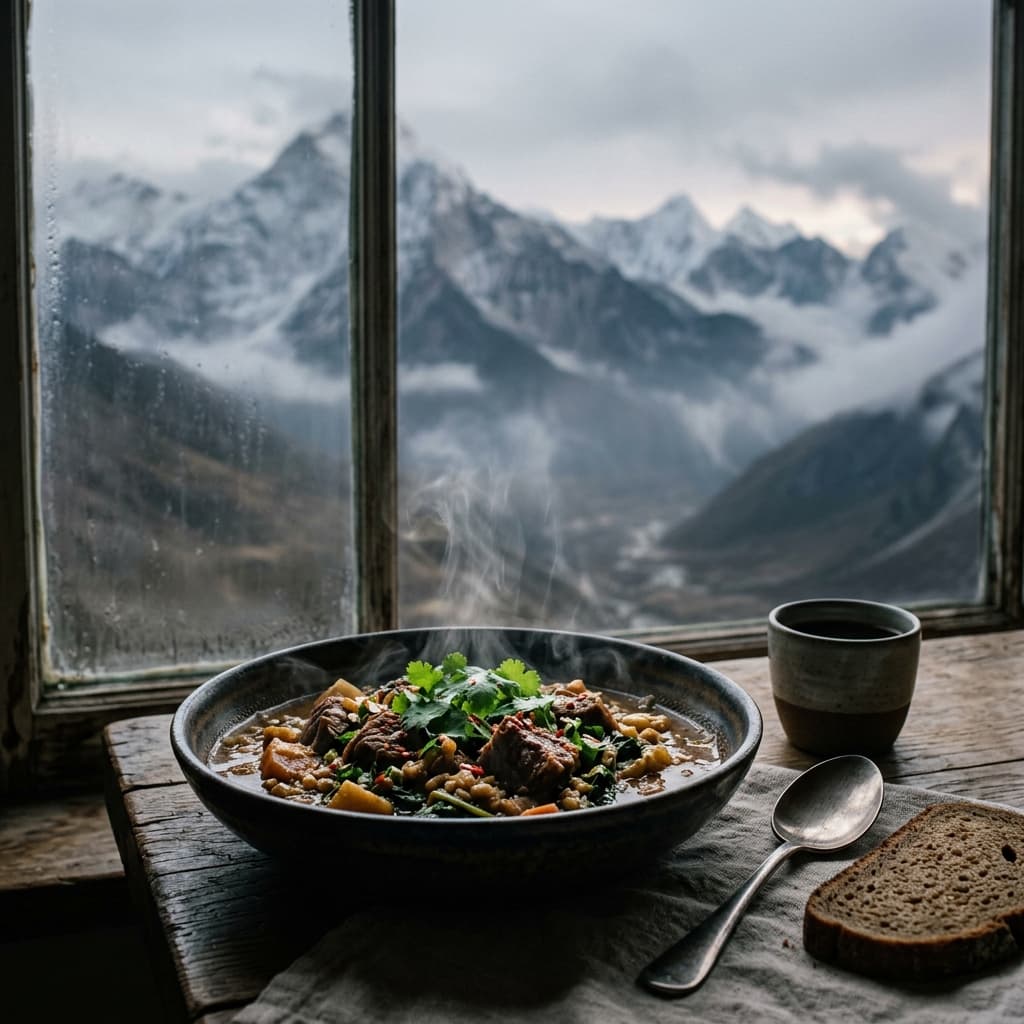 Atmospheric dining setting overlooking the mountains
