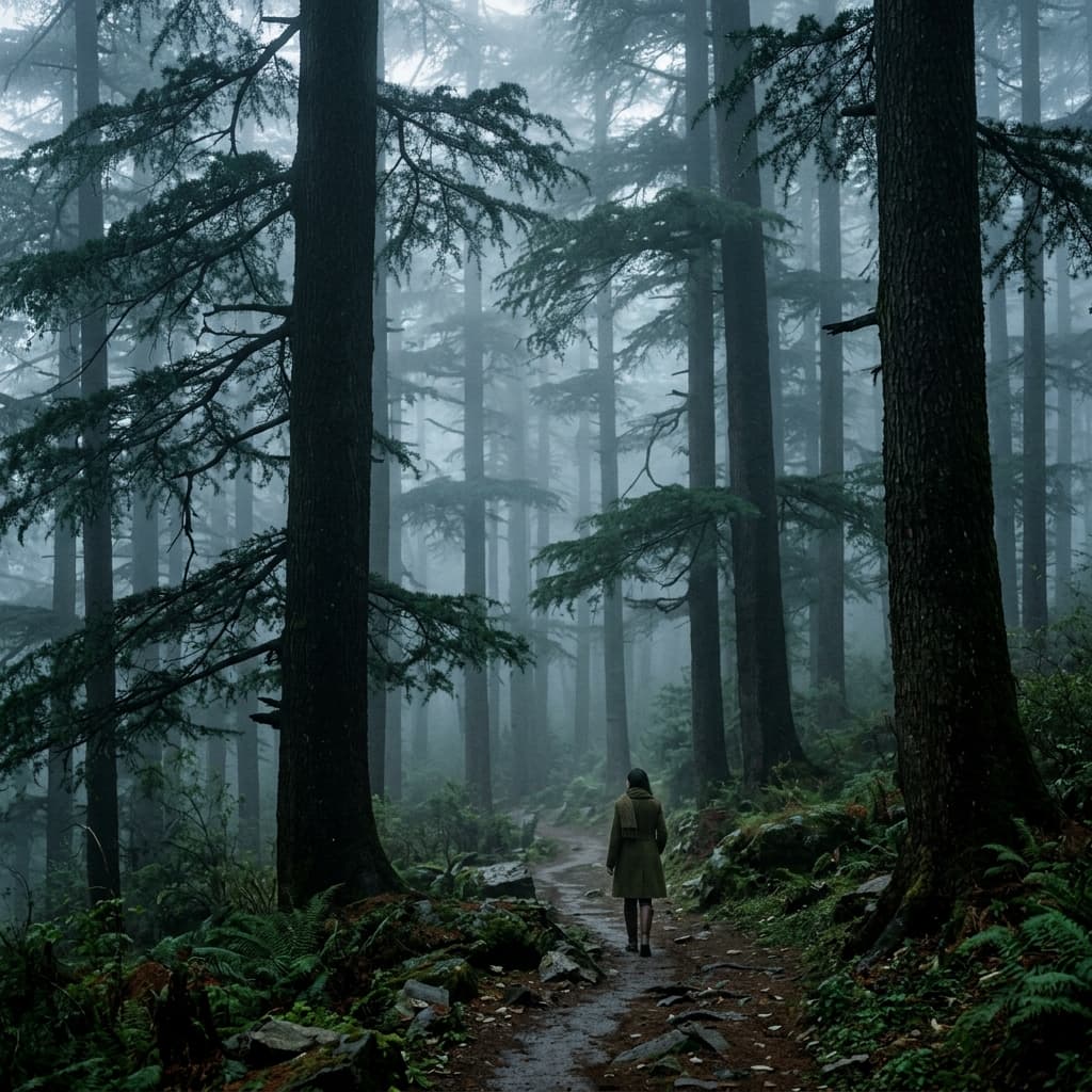 Moody, cinematic shot of ancient Deodar cedar trees shrouded in thick mountain mist