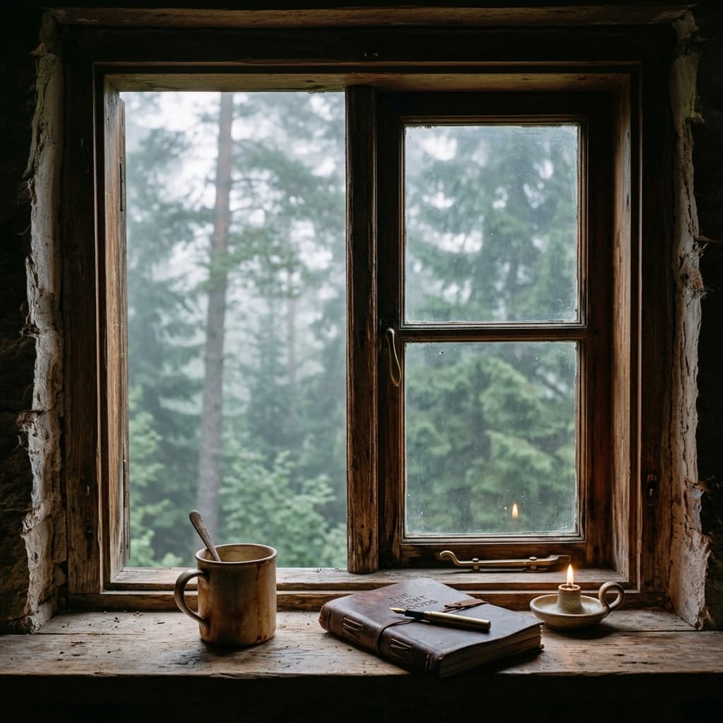 Deep-set architectural window framing the mountain mist