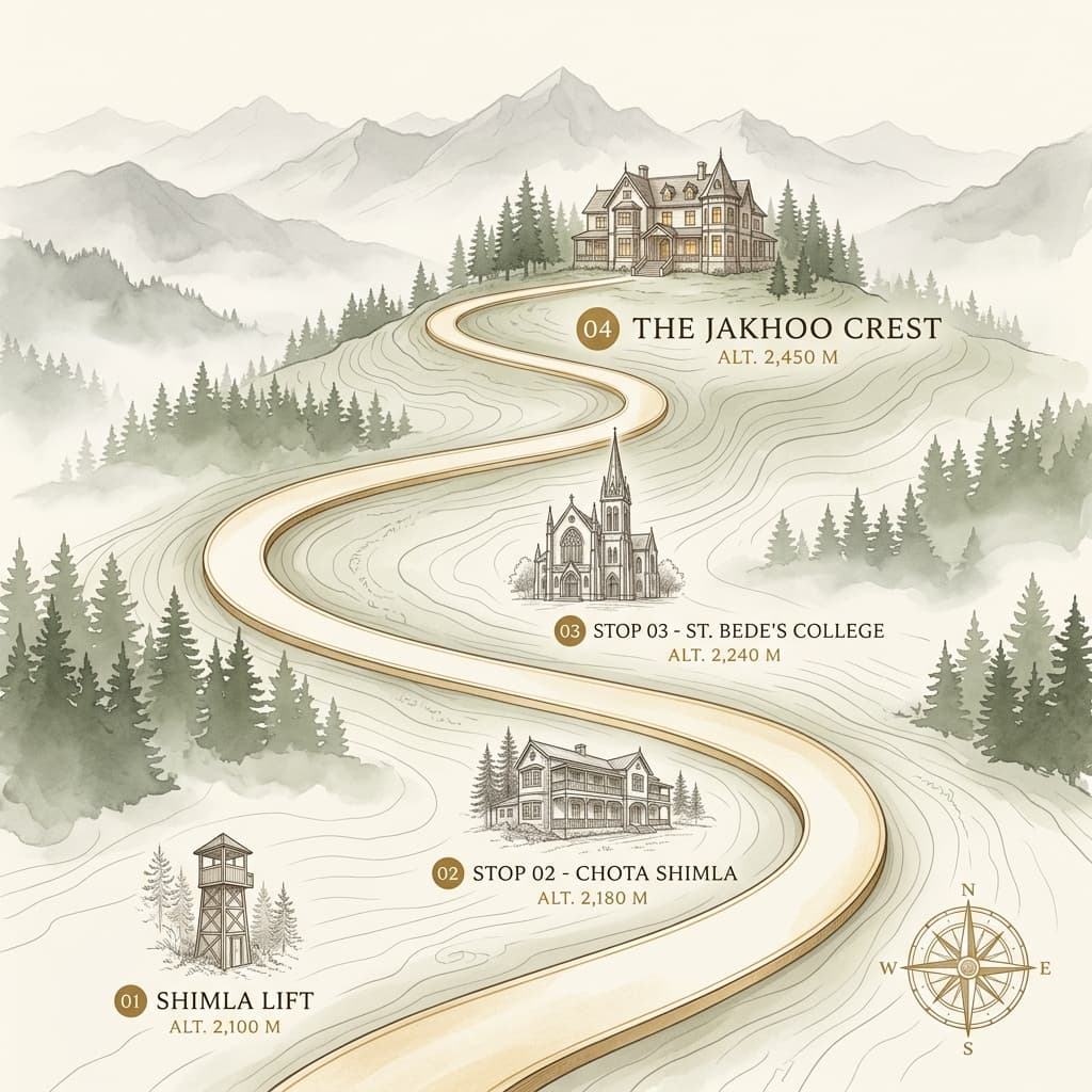 Illustrated journey map from Shimla to The Jakhoo Crest